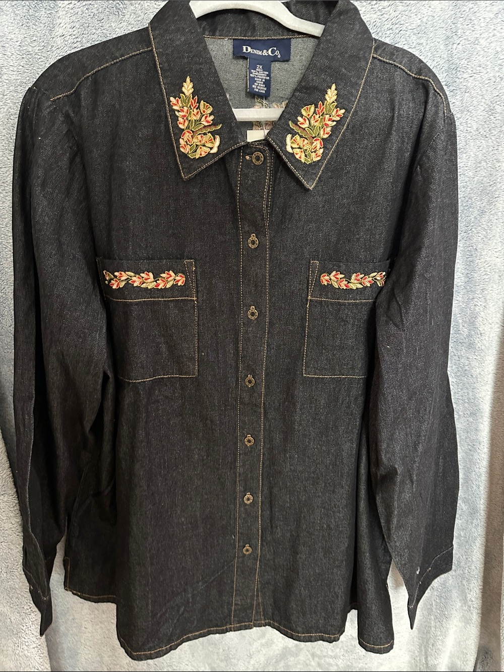 Denim&Co Black Embroidered Collar Button-Front Shirt
